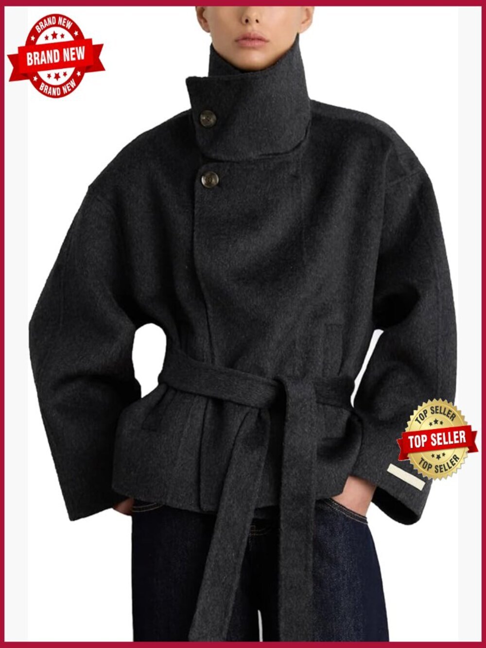 Women Cropped Pea Coat Wool Blend Stand Collar Fall Winter Belted Outerwear